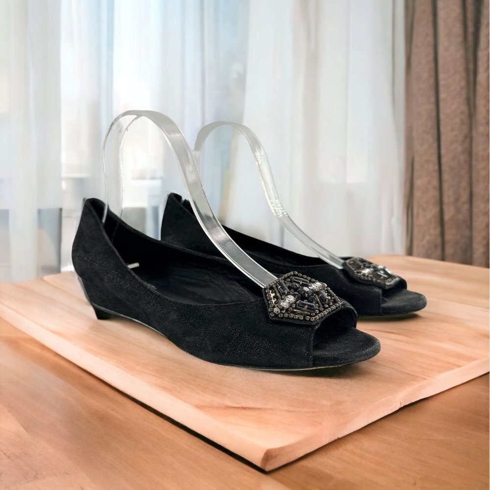 Donald J. Pliner SONET Beaded Black Suede Peep Toe Flats Size 9.5 M